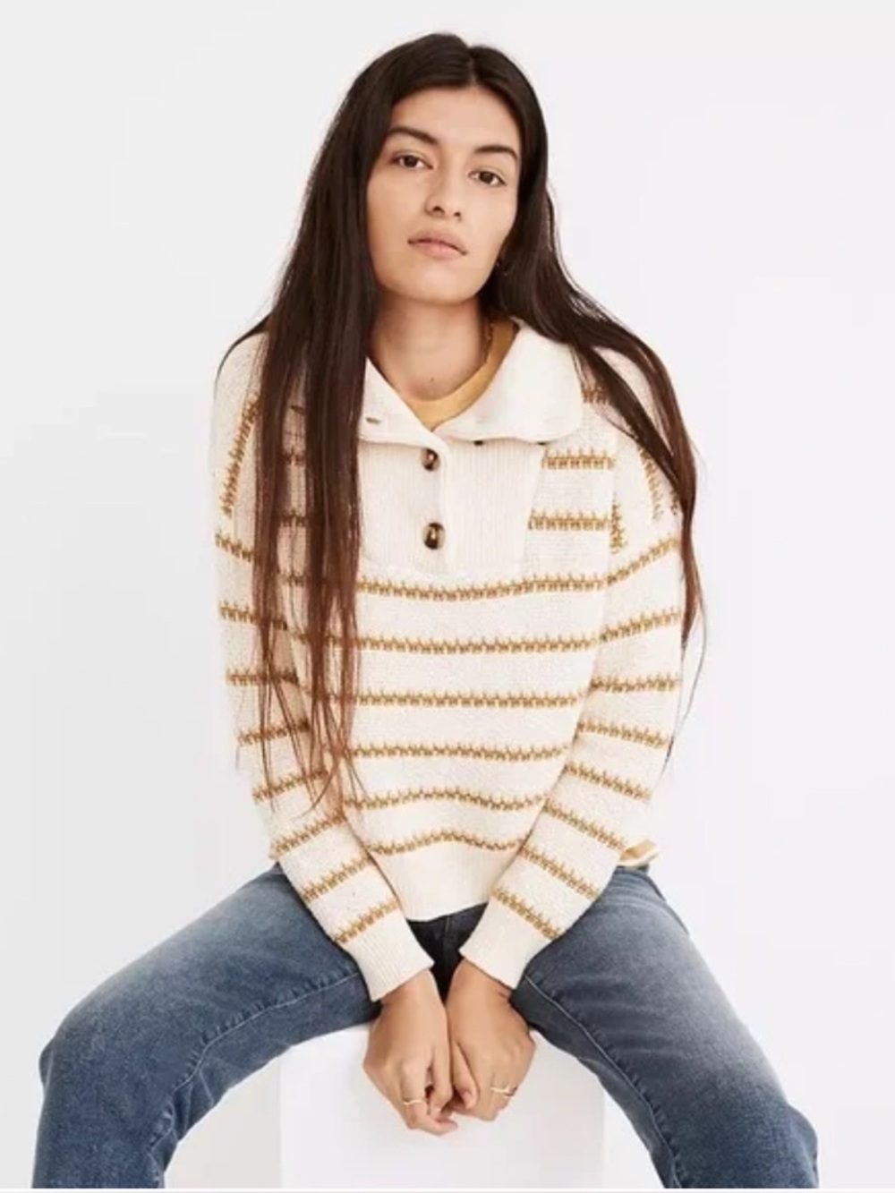 Madewell Canby Button Mockneck Sweater in Stripe S